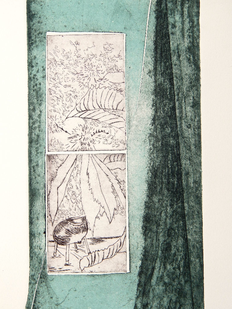 blue and black intaglio print with chestnut leaves