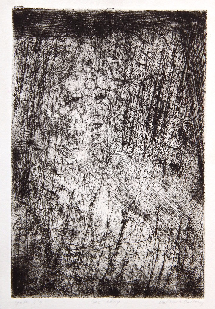 Drypoint print of a young girl, abstract