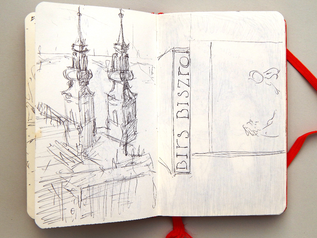 Sketch of spires and bistro in Budapest, Hungary