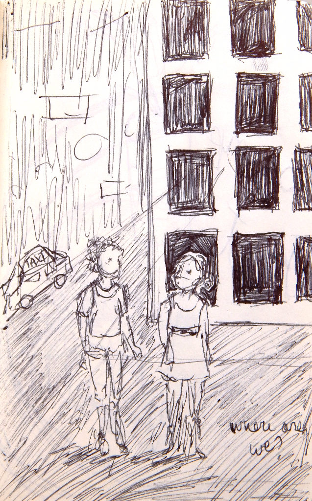 Sketch of two girls lost in the city