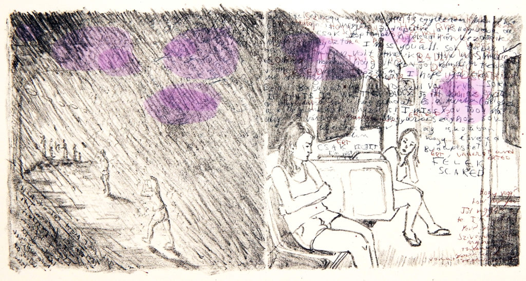 Lithograph and silkscreen print of two girls on a train in Boston