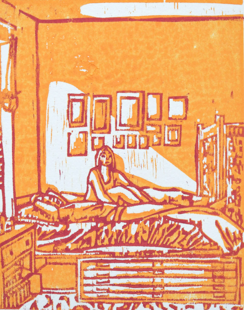 orange and pink art of print two girls laying in bed