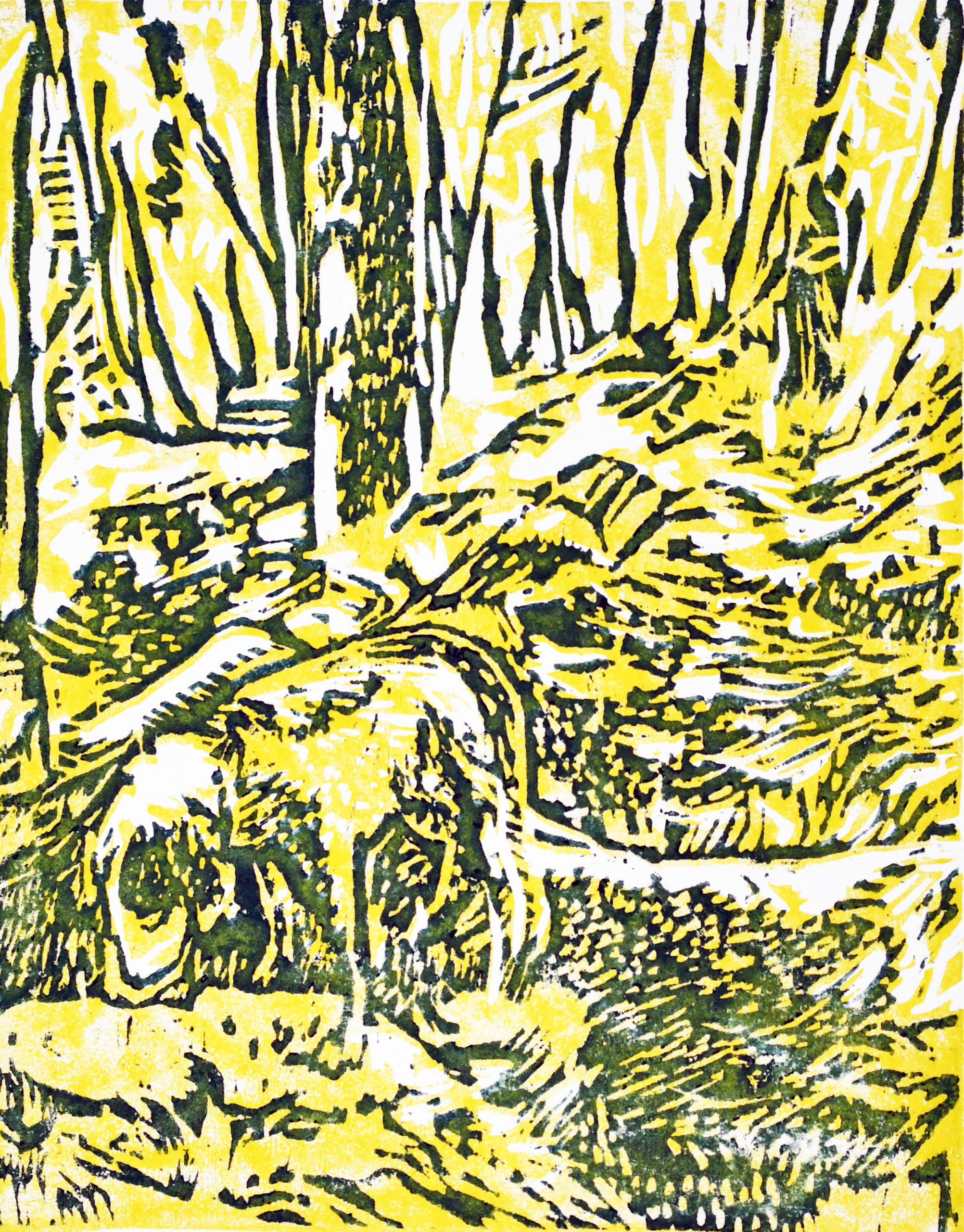 Yellow and blue woodblock art print of a man walking a dog in the forest