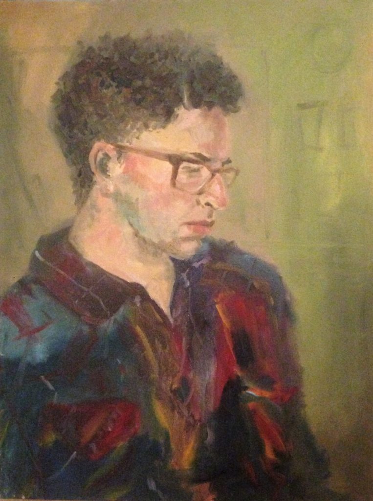 Oil painting of a young white man with glasses and curly hair in a 3/4 view looking downward.