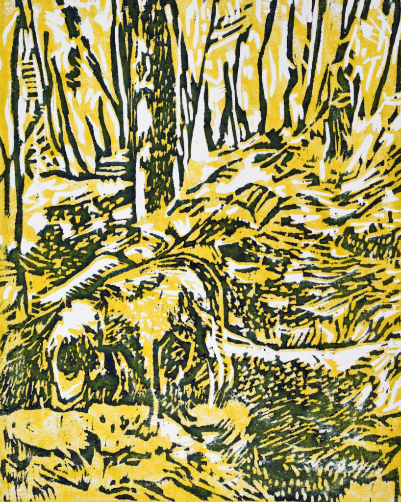 Relief print of a dog in the woods printed in yellow and blue ink